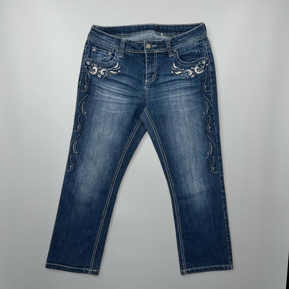 Vintage Y2K Embroidered Denim Jean Capris Paisley Embellished Rhinestone 32